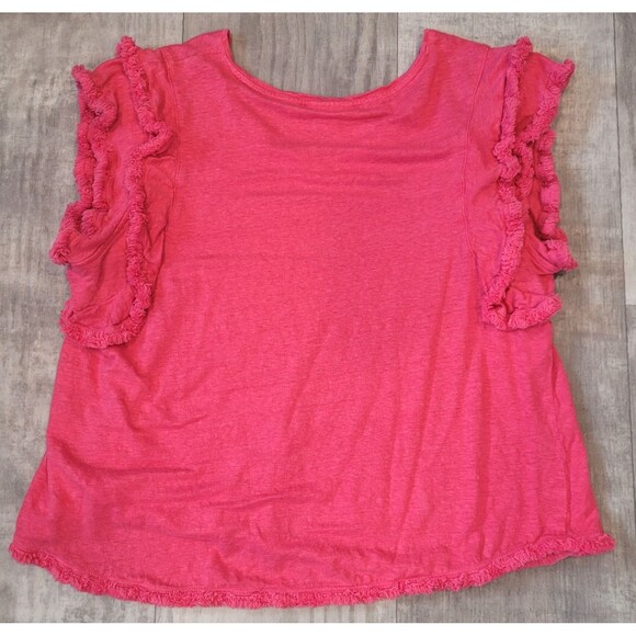 Chico's Pink 100% Linen Flutter Sleeve Top Size 3 (XL) V-Neck Fringe Hems - Picture 7 of 7